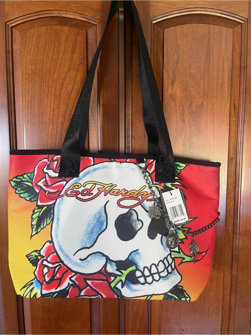 Ed Hardy Red Orange Gradient Skull & Rose Tote with Black Straps